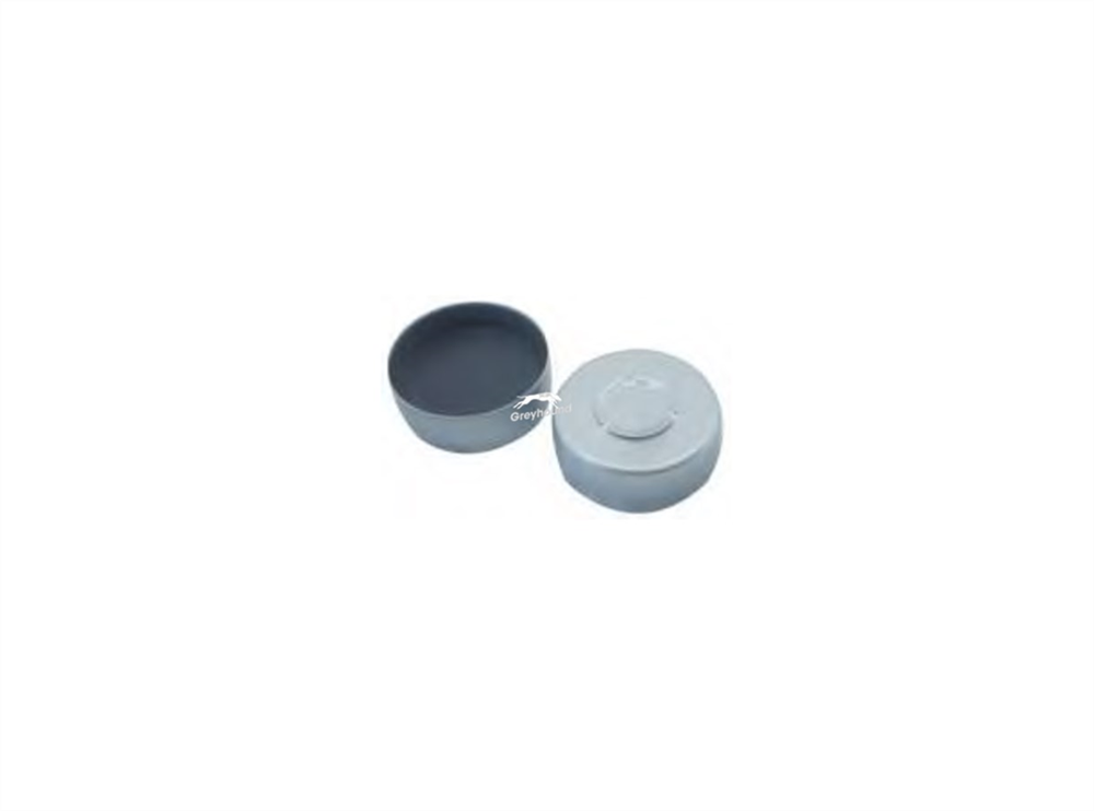 Picture of 20mm Aluminium Centre Tear Off Crimp Cap (Silver), with Pre-fitted PTFE/Grey Butyl Septa. 3mm, (Shore A 50)